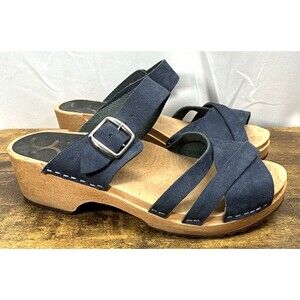 Cape Clogs Sz 39 Blue Leather Mule Slide Buckle Wood Block Heel Shoes